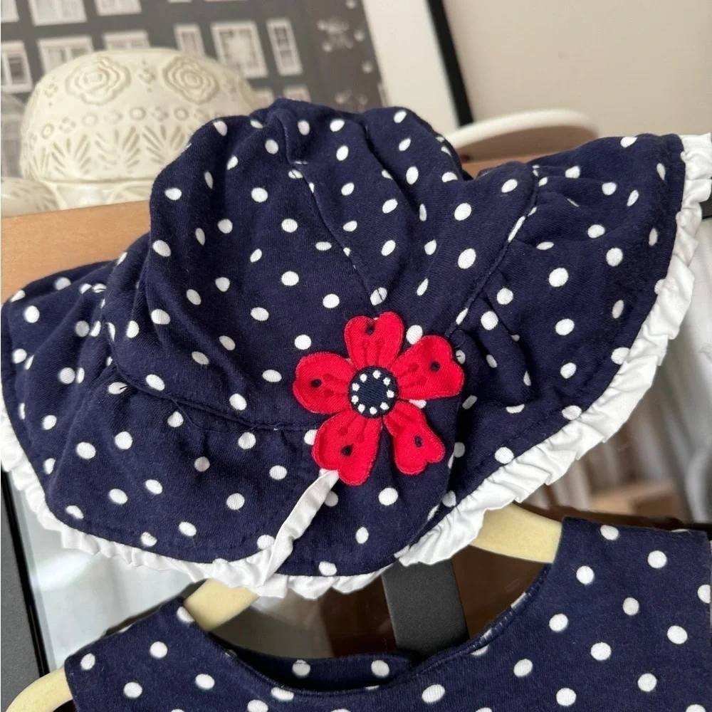 Hartstrings polka dots appliqué bubble romper hat set navy baby girl toddler VTG